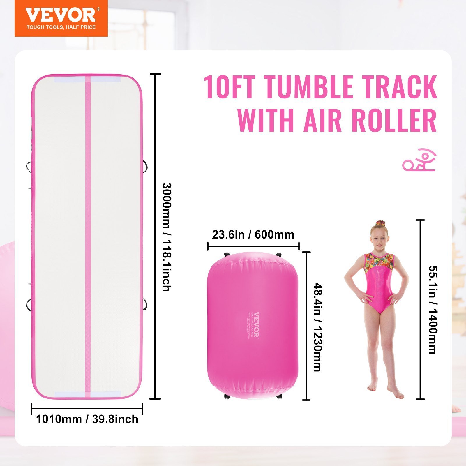 VEVOR Inflatable Gymnastics Air Mat Set, 2 PCS Tumbling Mat, Tumble Track With Electric Pump, Air Roller Barrel Gymnastics Equipment, Training Mats For Home Use Gym Yoga Cheerleading Beach Park Water - Image 2